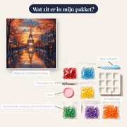 Eiffeltoren in de herfstregen bij zonsondergang - Diamond Painting – inhoud van het pakket