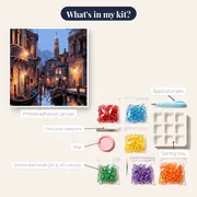 Gondolas on the Canals of Venice at Night Diamond Painting – kit contents