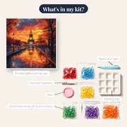Eiffel Tower Reflection in Autumn's Fiery Sky Diamond Painting – kit contents