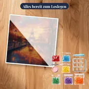 Widerschein des Eiffelturms unter flammendem Herbsthimmel – Diamond Painting – Set bereit zum Loslegen