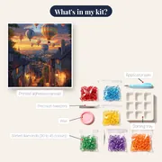Hot Air Balloons Over a Medieval Village at Sunset Diamond Painting – kit contents
