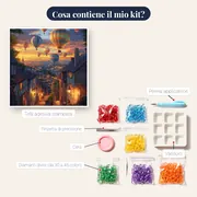 Mongolfiere su un borgo medievale al tramonto - Diamond Painting – contenuto del kit