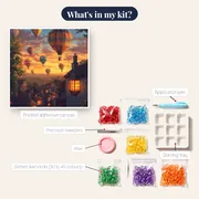 Hot Air Balloon Flight Over an Old Village Rooftops Diamond Painting – kit contents