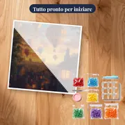 Volo di mongolfiere sopra i tetti di un vecchio villaggio Diamond Painting – kit pronto per iniziare