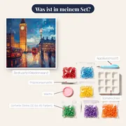 Big Ben und roter Doppeldeckerbus in London im Regen Diamond Painting – Inhalt des Sets
