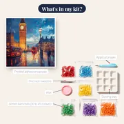 Big Ben and Red Bus in London Under the Rain Diamond Painting – kit contents