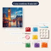 Big Ben e autobus rosso a Londra sotto la pioggia - Diamond Painting – contenuto del kit