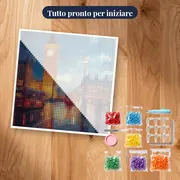 Big Ben e autobus rosso a Londra sotto la pioggia - Diamond Painting – kit pronto per iniziare