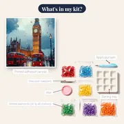 Big Ben Lights and London Red Bus Diamond Painting – kit contents
