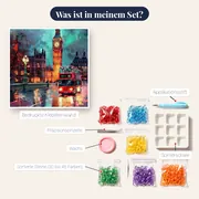London Bridge, Big Ben und roter Doppeldeckerbus in der Abenddämmerung – Diamond Painting – Inhalt des Sets