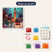 London Bridge, Big Ben and Red Bus at Twilight Diamond Painting – kit contents