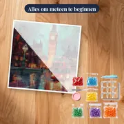 Londenbrug, Big Ben en rode dubbeldekker bij zonsondergang Diamond Painting – pakket klaar om te beginnen