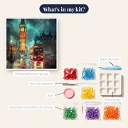 Illuminated Big Ben and Red Double-Decker Bus at Night Diamond Painting – kit contents