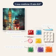 Big Ben illuminato e bus a due piani rosso notte Diamond Painting – contenuto del kit