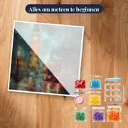 Big Ben verlicht en rode dubbeldekkerbus 's nachts Diamond Painting – pakket klaar om te beginnen
