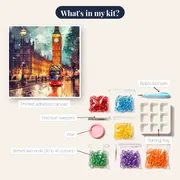 Big Ben and Red Bus Reflections London Diamond Painting – kit contents