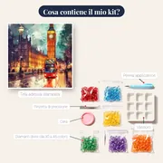Riflessi di Big Ben e autobus rosso a Londra Diamond Painting – contenuto del kit