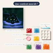 Chat Noir aux Yeux de Jade sur un Lit Violet – contenu du kit