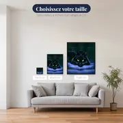 Chat Noir aux Yeux de Jade sur un Lit Violet – tailles disponibles