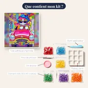 Chat Psychédélique au Volant – contenu du kit