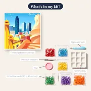 Vibrant Barcelona: Agbar Tower and Park Güell in Diamond Painting – kit contents