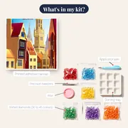 Bruges in Diamond Painting: Colorful Houses and Belfry – kit contents