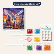 Edvige in volo su Hogwarts al tramonto – contenuto del kit