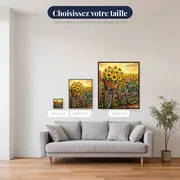 Vélo vintage et panier de tournesols au champ – tailles disponibles