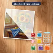 Sonnenblumen im Einmachglas auf Holztisch – Set bereit zum Loslegen