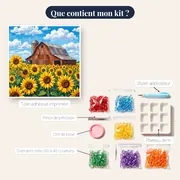 Grange rouge et champ de tournesols – contenu du kit