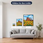 Rote Holzscheune im gelben Blütenfeld – verfügbare Größen