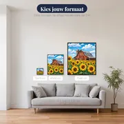 Rode Houten Schuur Achter Zonnebloemenveld – beschikbare formaten