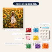 Femme en robe blanche dans un champ de tournesols – contenu du kit