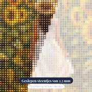 Vrouw in witte jurk tussen zonnebloemen – close-up van de steentjes