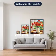 Roter Mohn im Emaillekrug am sonnigen Fenster – verfügbare Größen