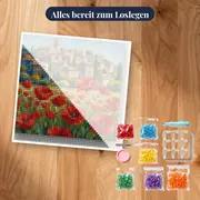 Mohnblumenfeld unter südfranzösischem Bergdorf mit Kirchturm – Set bereit zum Loslegen