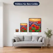 Rote Mohnblumen vor violettem Lavendelfeld im Abendlicht – verfügbare Größen