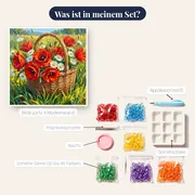 Weidenkorb mit roten Mohnblumen und weißen Gänseblümchen – Inhalt des Sets
