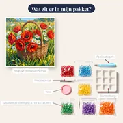 Rieten mand met rode klaprozen en witte madeliefjes – inhoud van het pakket