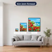 Rode klaprozen op een groene klif boven zee – beschikbare formaten