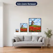 Stenen windmolen boven rood bloemenveld – beschikbare formaten