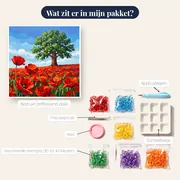Eenzame eik in rood bloemenveld – inhoud van het pakket