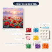 Champ de coquelicots dans la brume matinale – contenu du kit