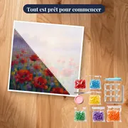 Champ de coquelicots dans la brume matinale – kit prêt à commencer