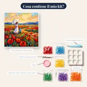 Donna con parasole e bambino in un campo fiorito – contenuto del kit