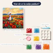 Vrouw met parasol en kind in rood veld – inhoud van het pakket