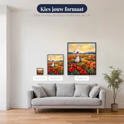 Vrouw met parasol en kind in rood veld – beschikbare formaten