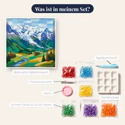 Schneebedeckter Gipfel über grüner Alpenlandschaft – Inhalt des Sets