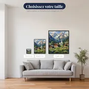 Village alpin et église blanche en été – tailles disponibles