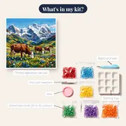 Brown Cows Grazing In Alpine Meadow – kit contents